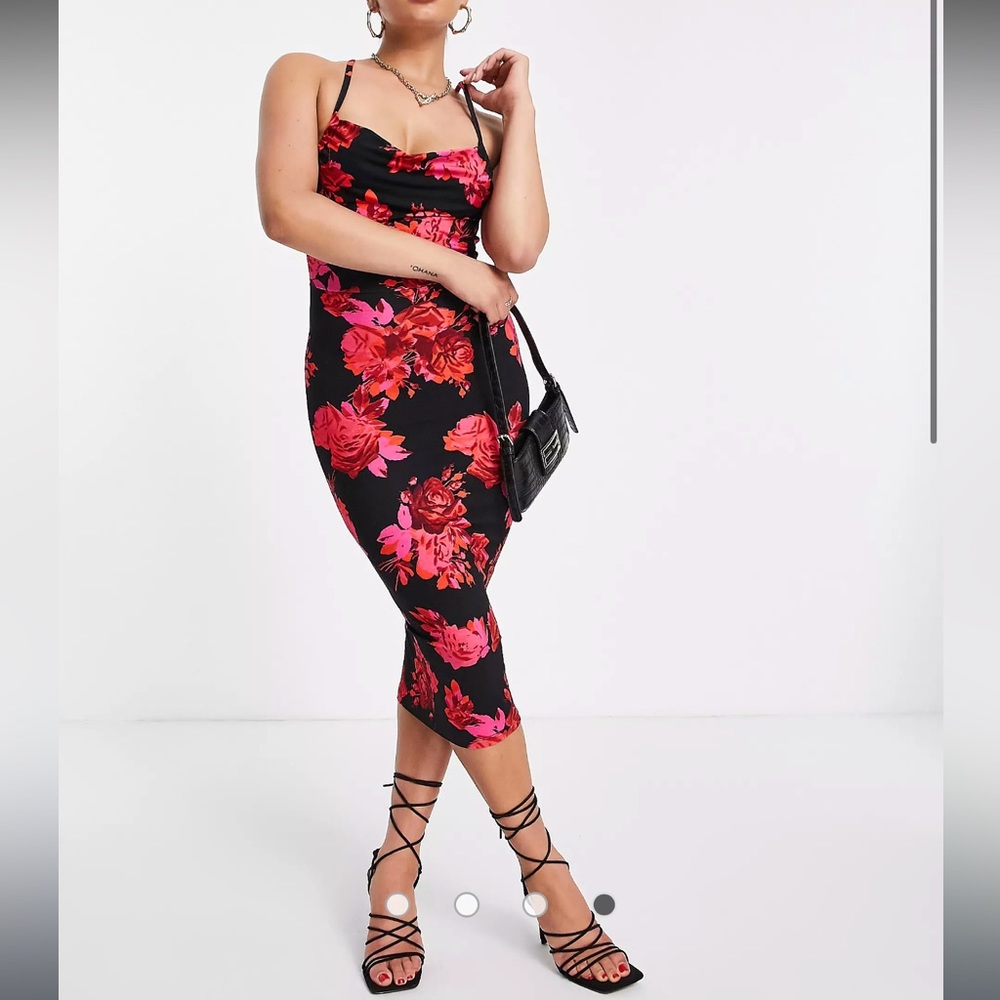 ASOS DESIGN cami cowl neck midi dress in pink and black floral print